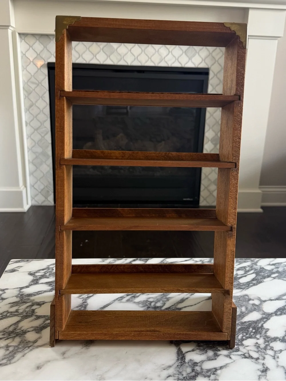 Vintage Wood Countertop Shelf Brass Corner Accents Tabletop Organizer 10x17x5